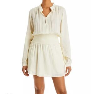 Rag & Bone Calista Mini Dress Light Dove Ivory Smocked Pleated Cotton Blend